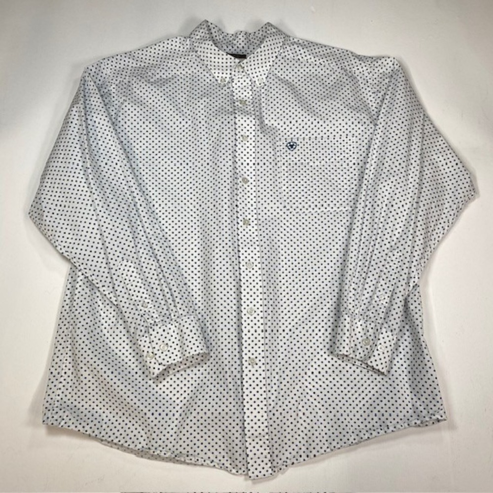 Ariat Men XXL Fitted Button Down Shirt White Blue Clover Micro Print Long Sleeve